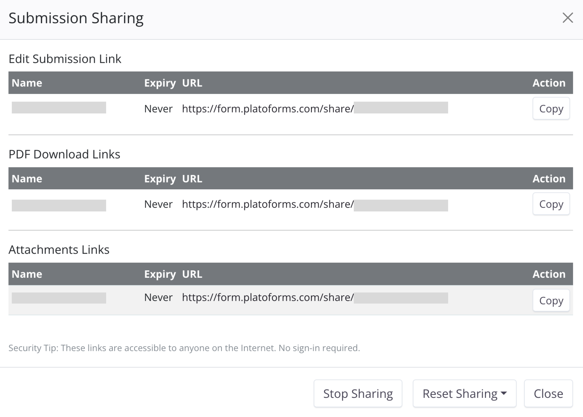Manage sharing links