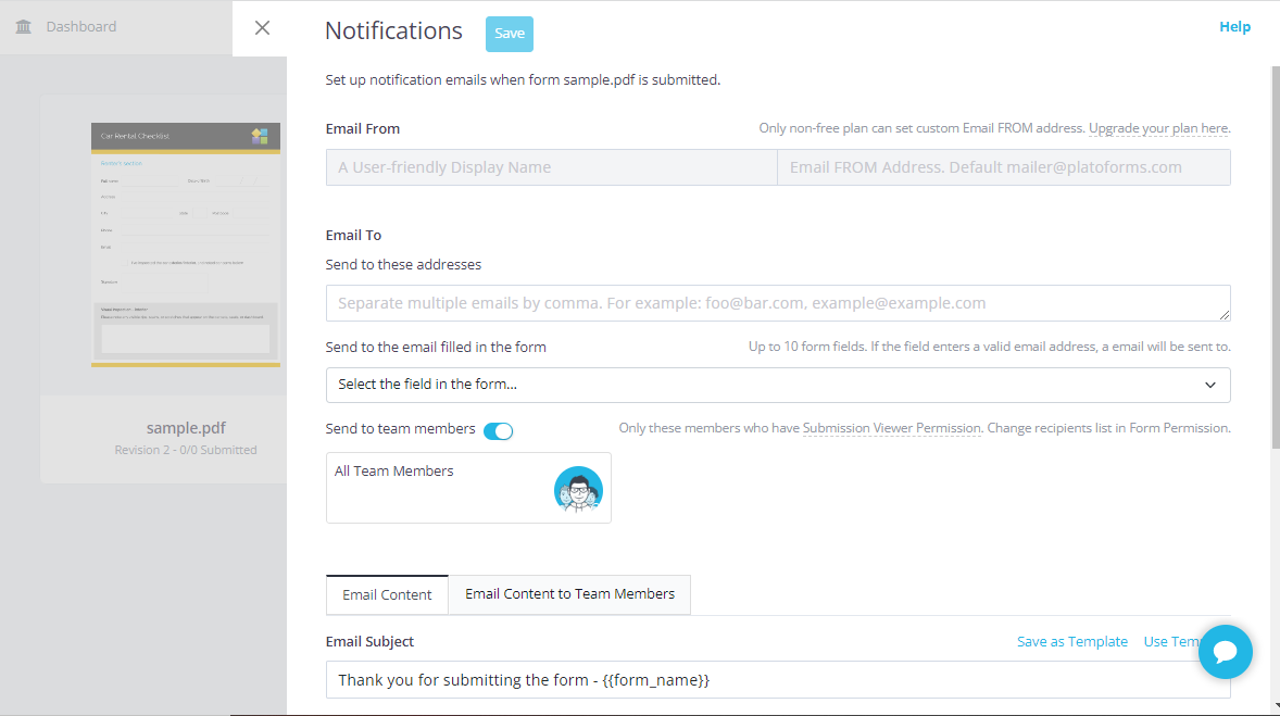notifications for submitted online fillable PDF
