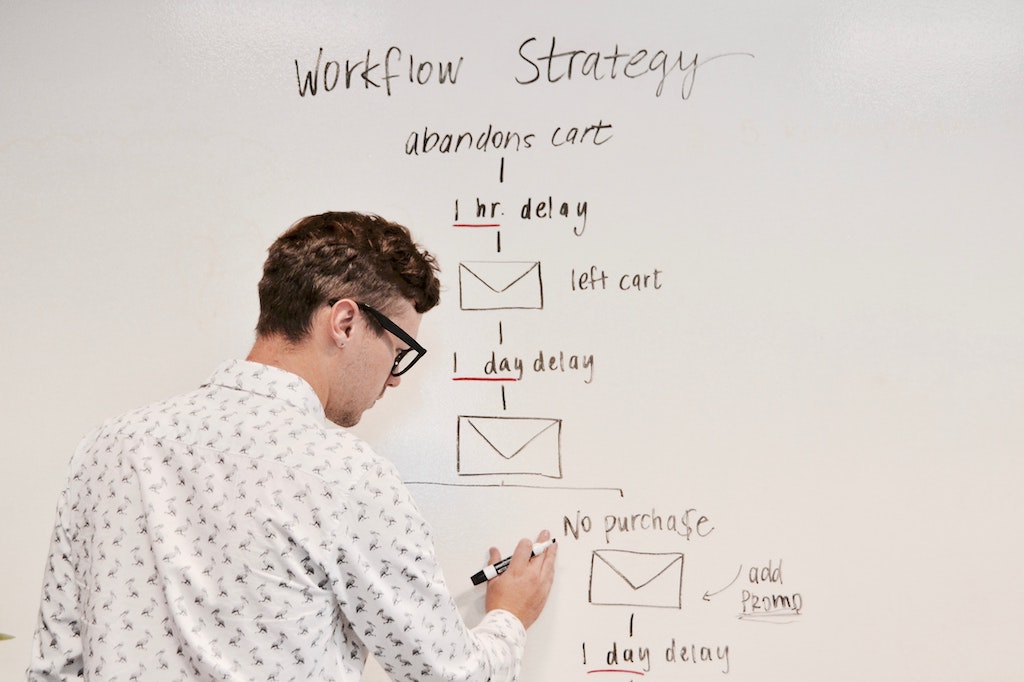 A man with glasses writing on whiteboard