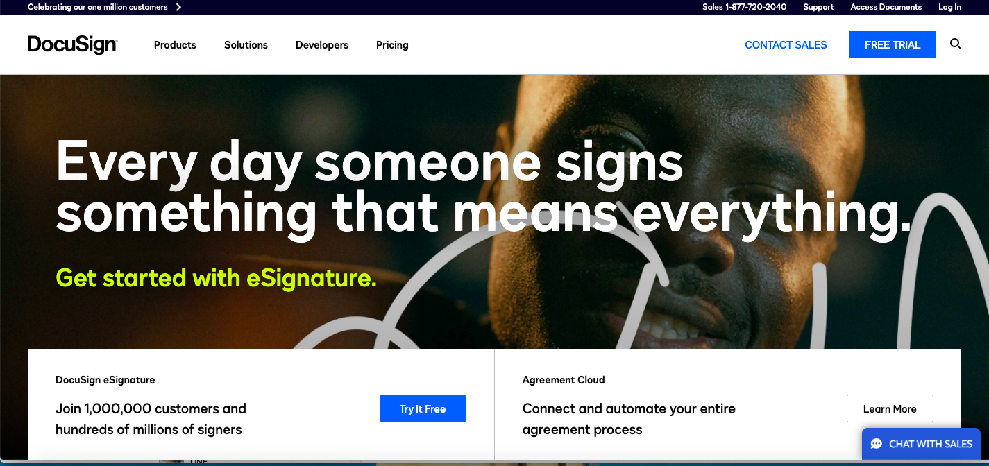 DocuSign homepage for e-signature (by PlatoForms PDF Forms Tool)