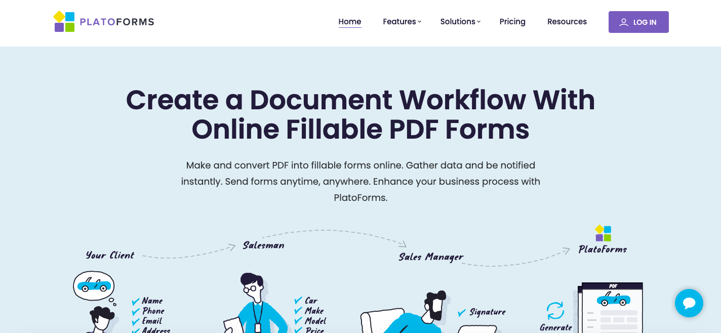 PlatoForms PDF Online Forms homepage for e-signature 