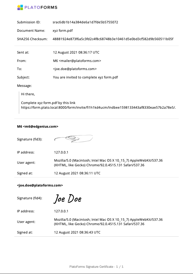 PlatoForms PDF Forms e-signature certificate