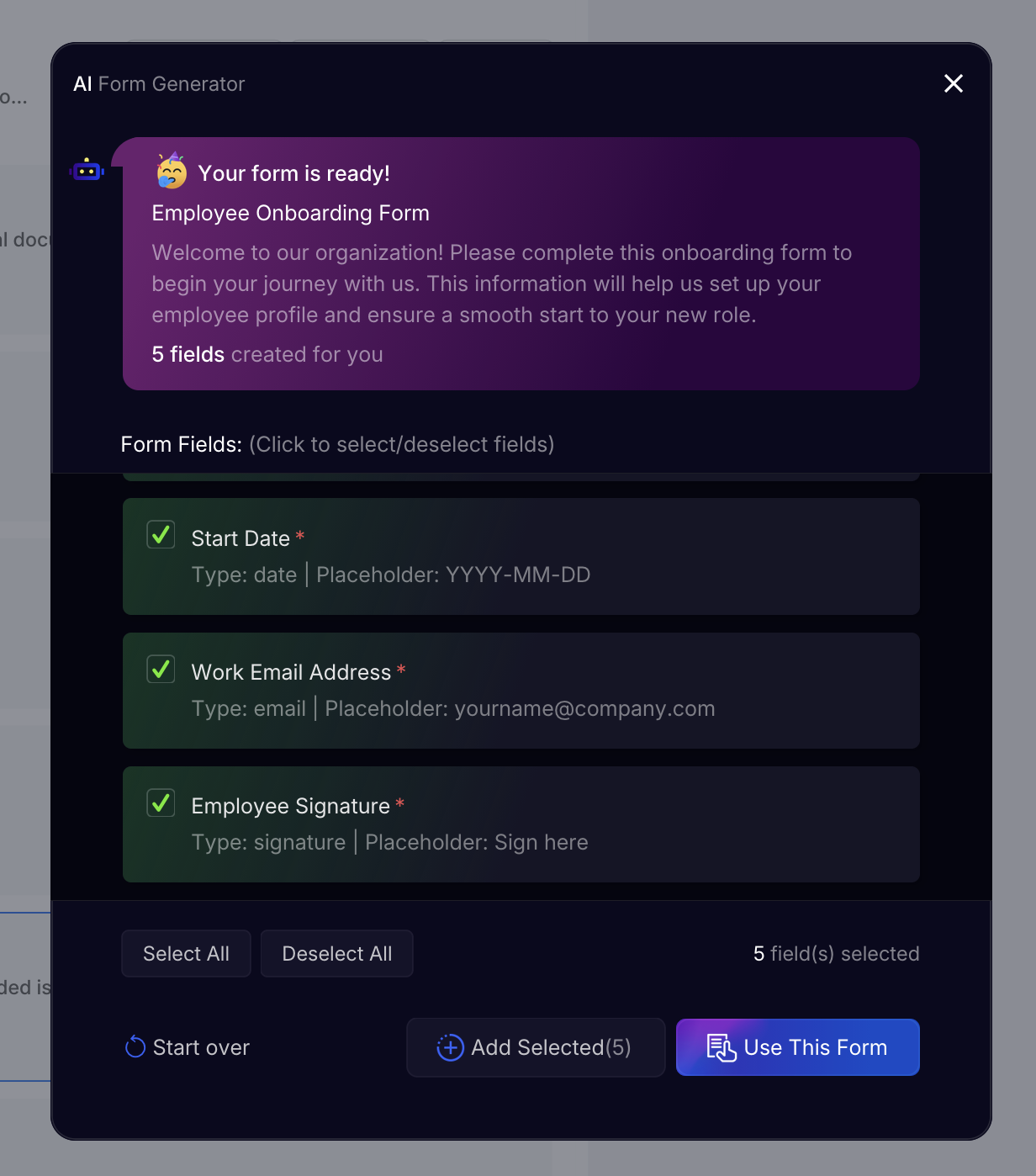 Click to select/deselect fields