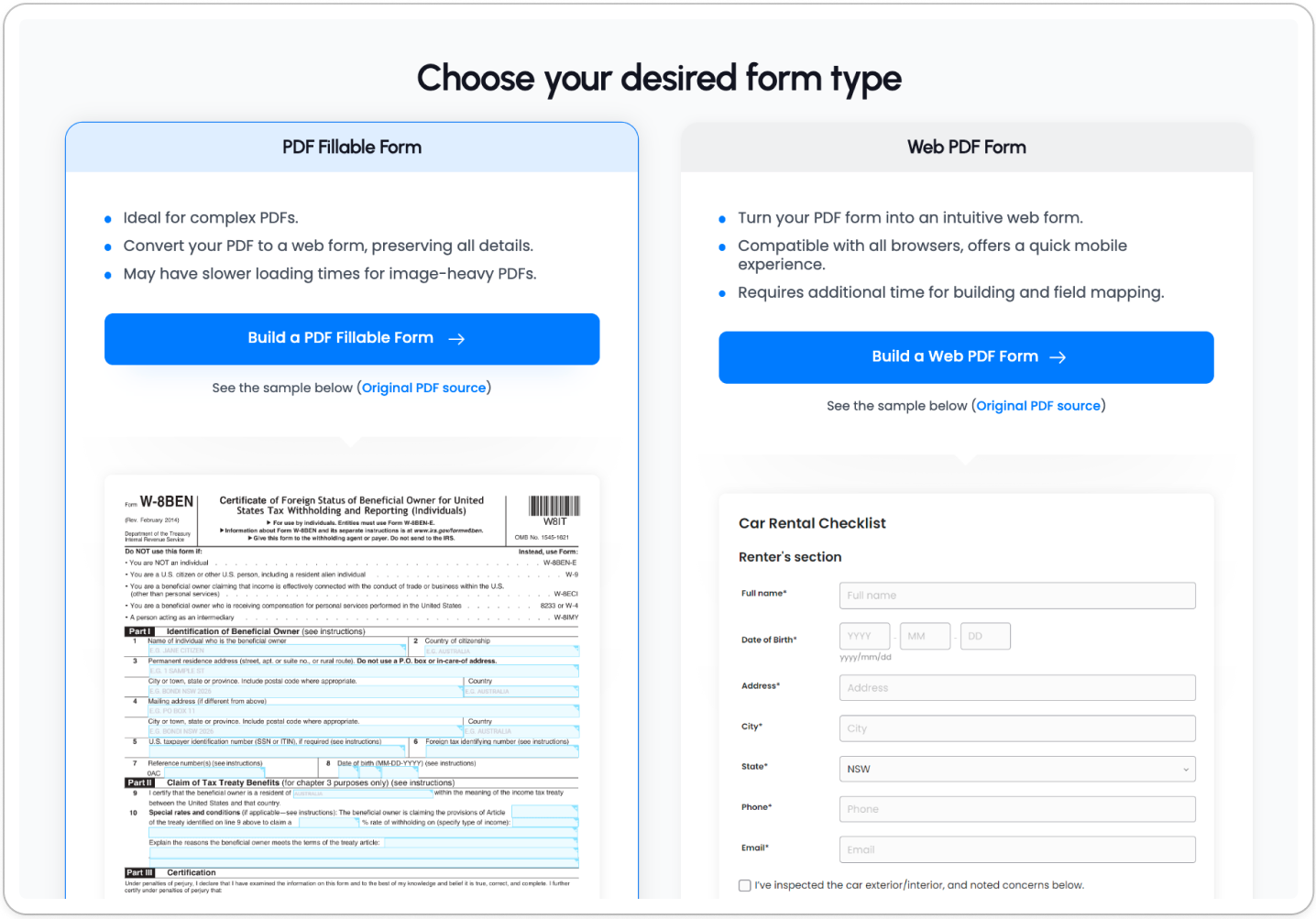 Choose between PDF Fillable Form and Web PDF Form when converting a Canva design in PlatoForms