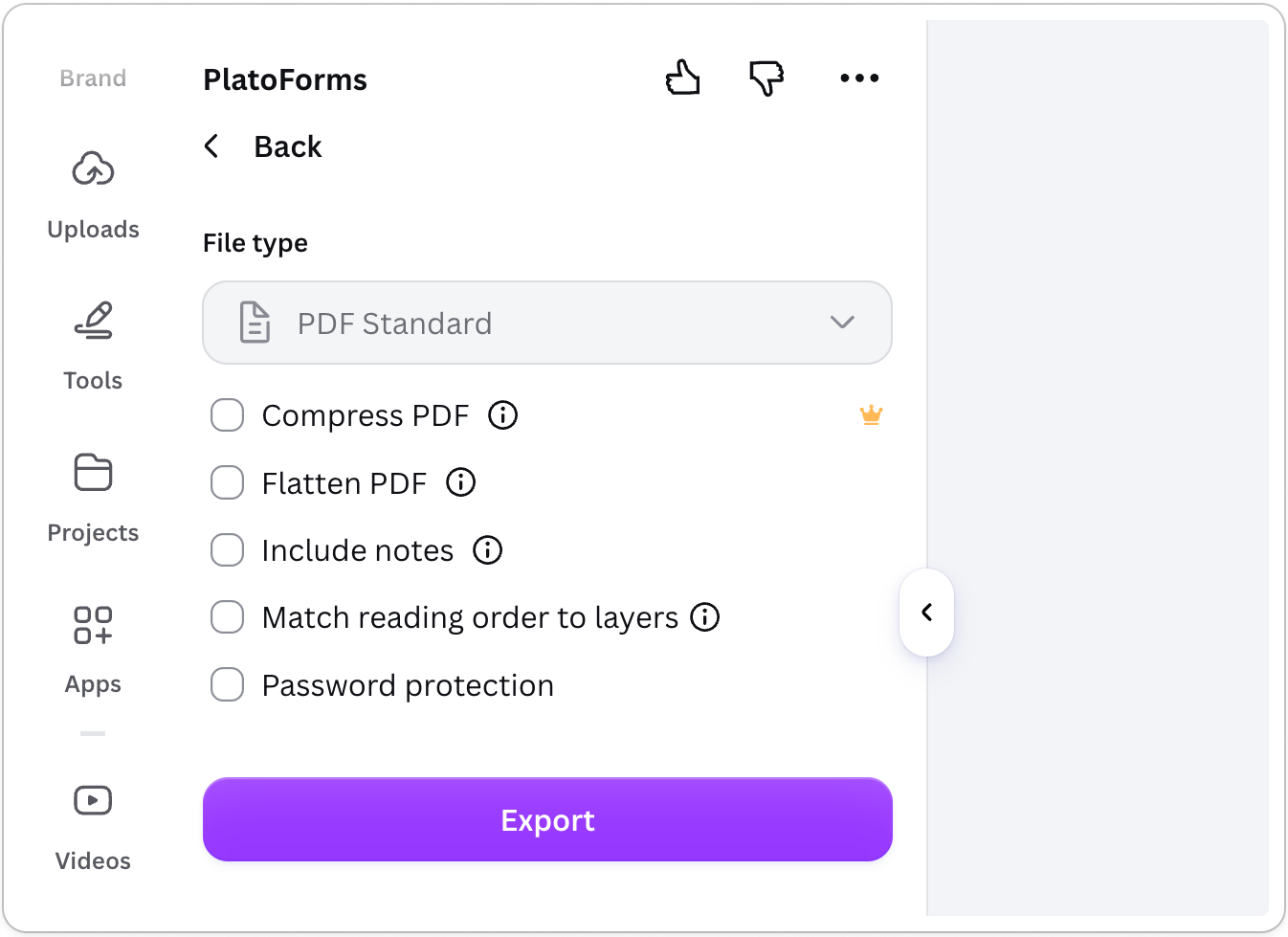 Click Export in Canva PDF settings to send your design to PlatoForms for conversion