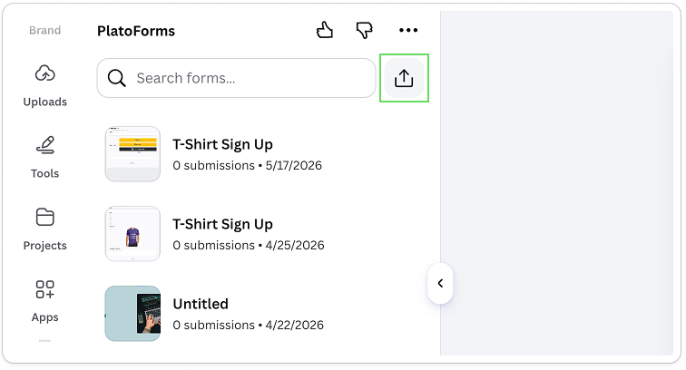 Click the export icon in the PlatoForms Canva app panel to convert your design to an online form