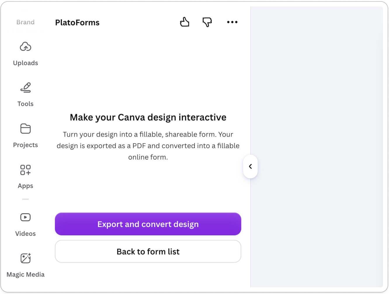 Export and convert a Canva design into a fillable PDF form using the PlatoForms app