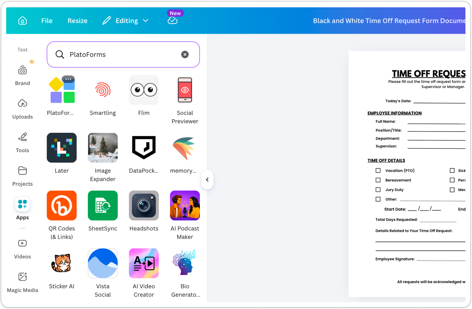 Search for PlatoForms in the Canva Apps panel to install the form builder integration
