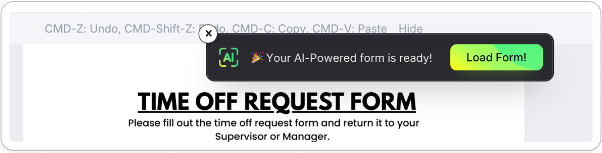 Click Load Form in PlatoForms to apply AI-detected fields from your Canva design to the form editor