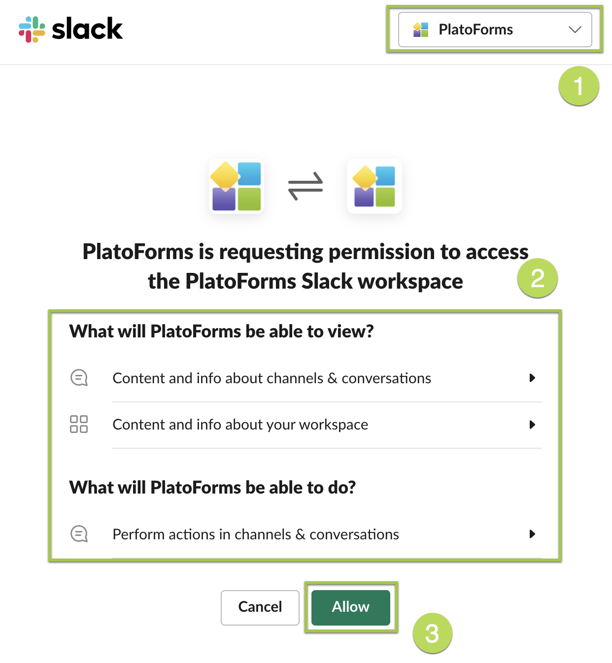 Select Slack workspace and grant permissions