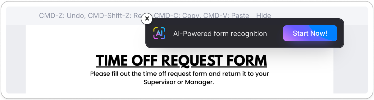 AI-Powered form recognition banner in PlatoForms editor — click Start Now to auto-detect fields from your Canva design