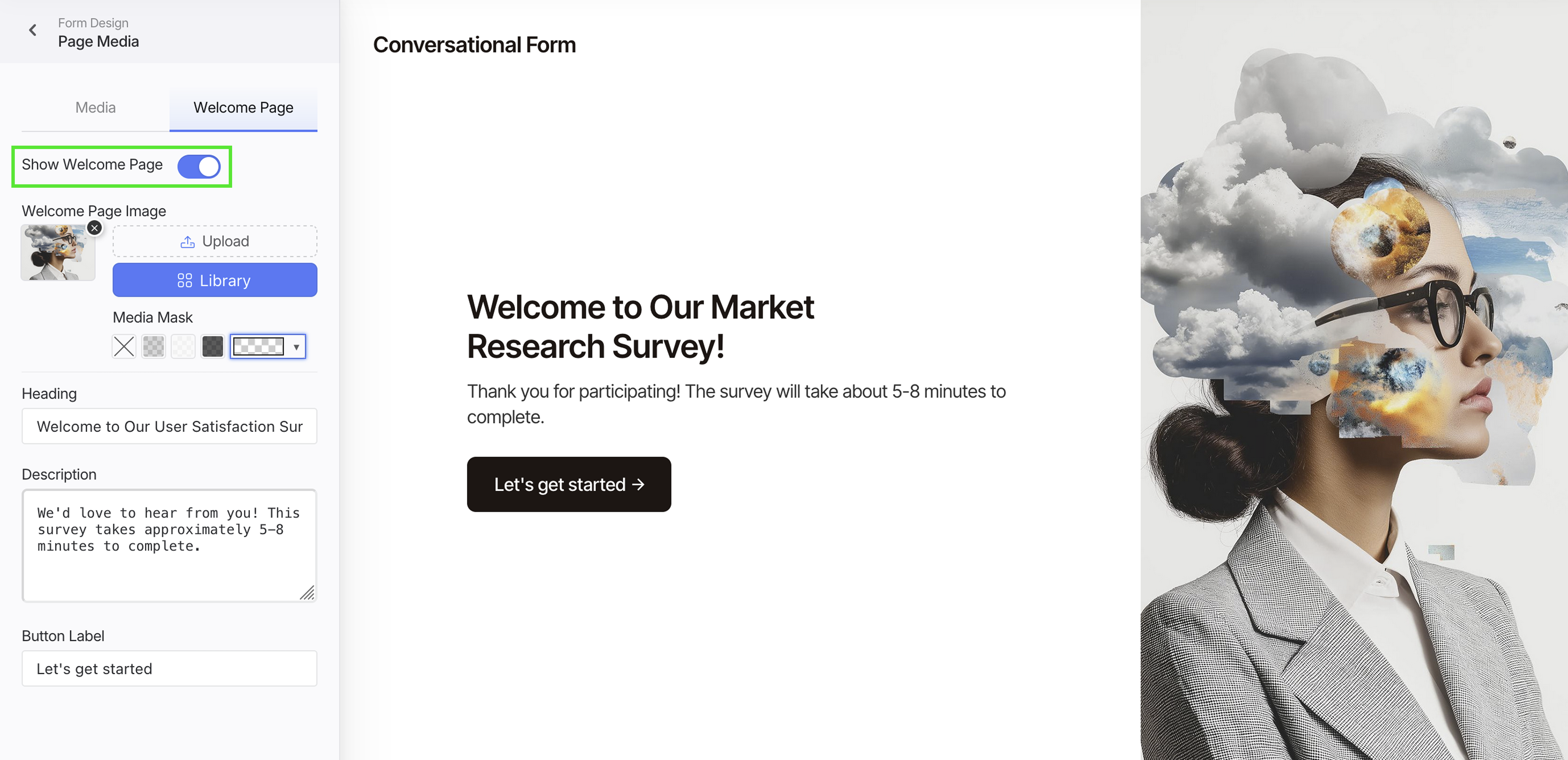 Enable Show Welcome Page for conversational form