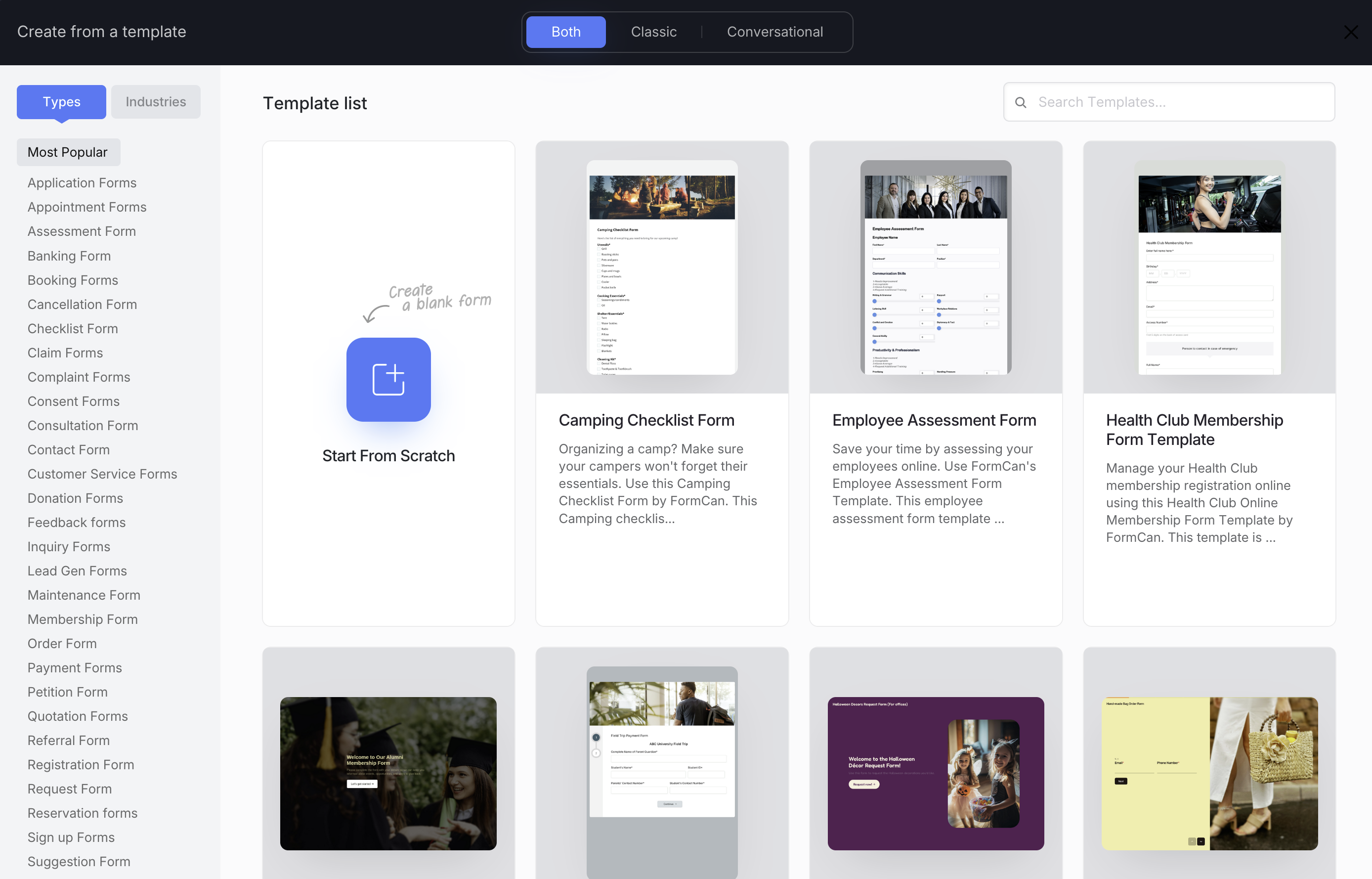 Create from a template window