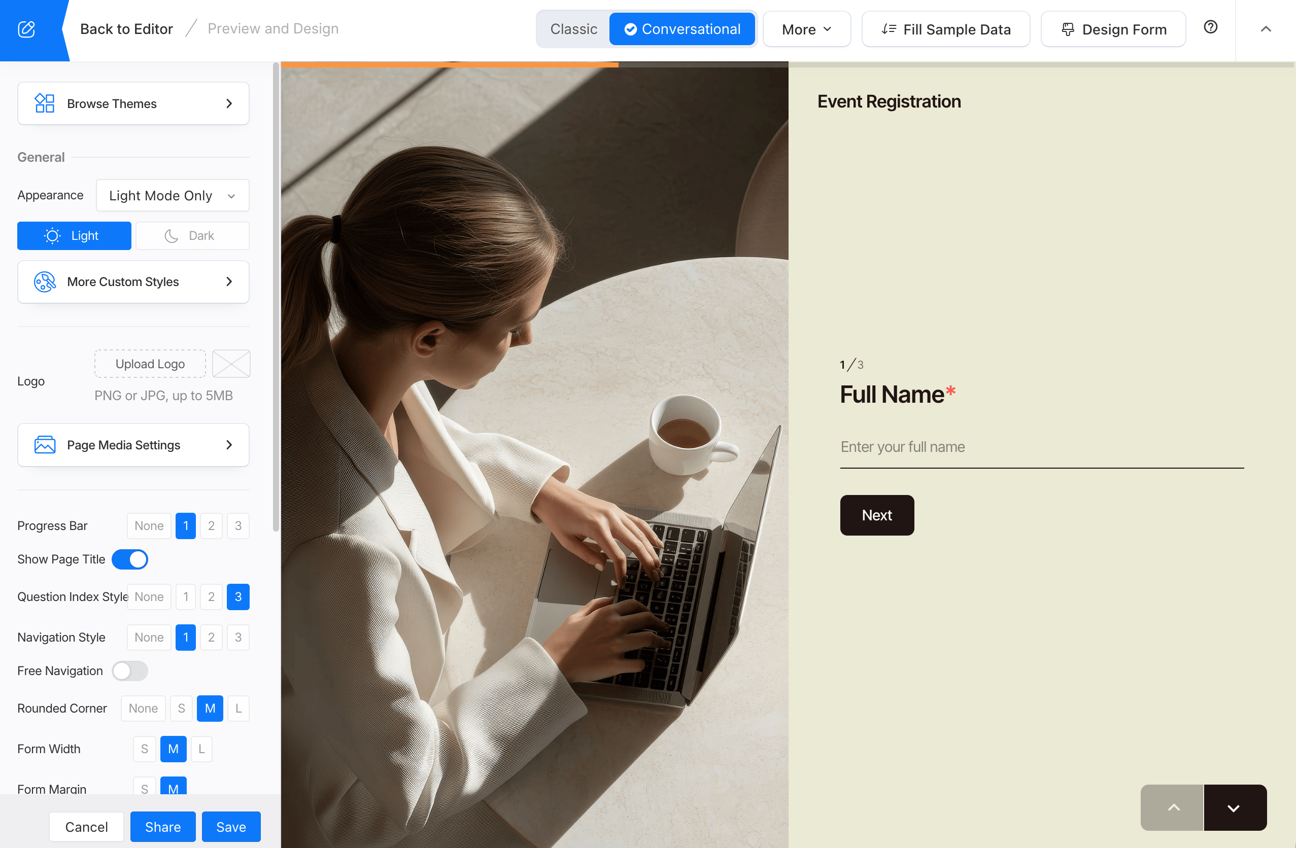 Custom CSS/theme design panel for a Web PDF Form