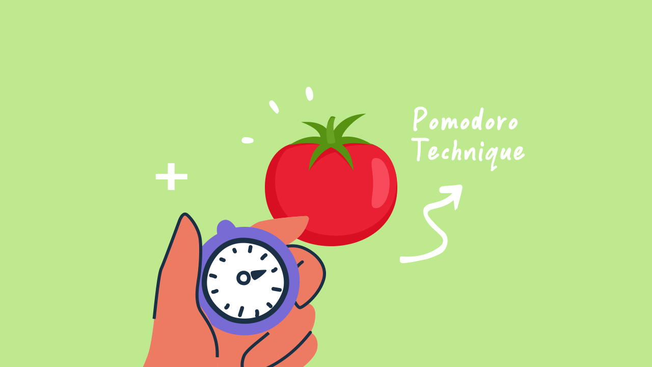 clock, tomato symbol for pomodoro, and a woman using pomodoro technique for productivity (by PlatoForms Online Forms Creator)