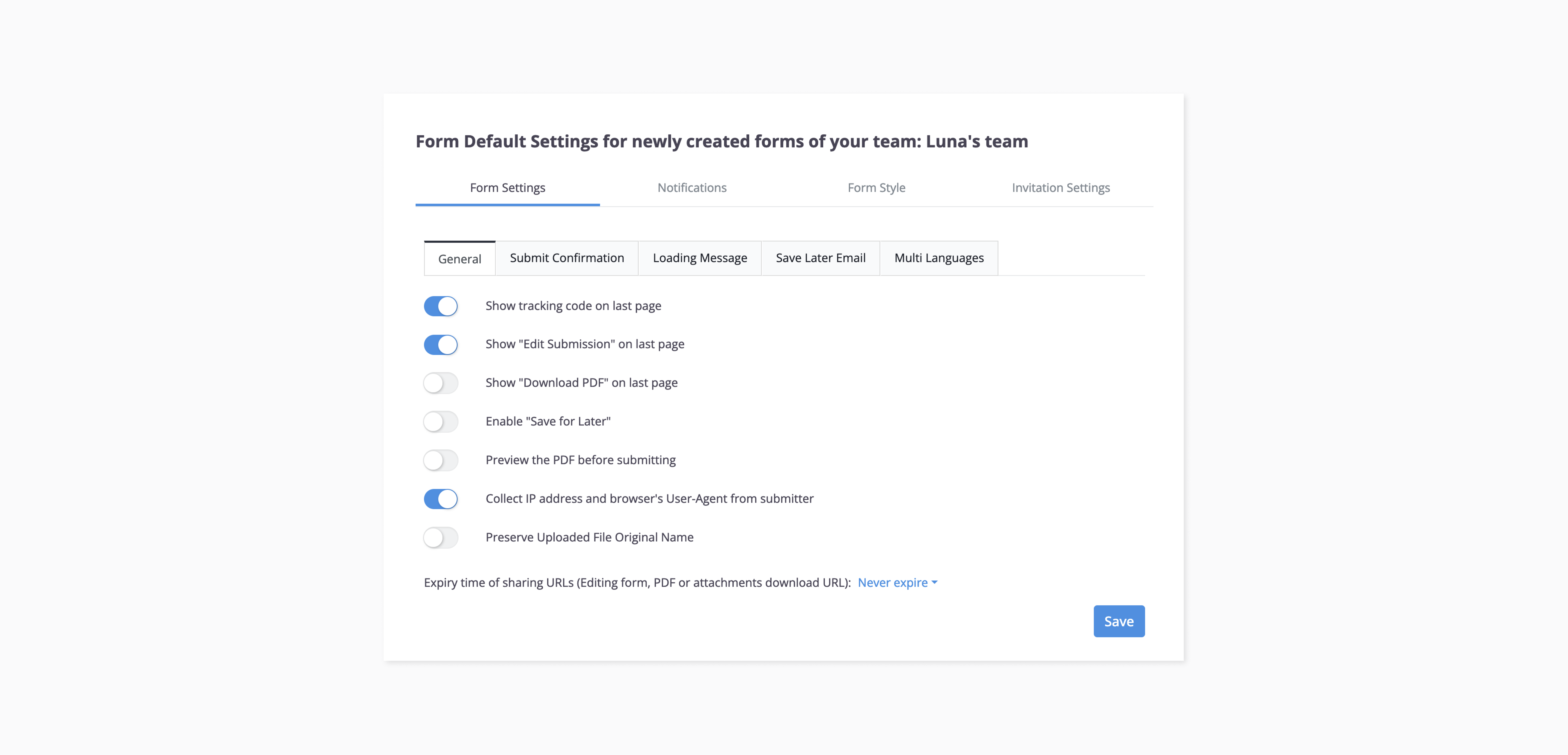 form default settings window