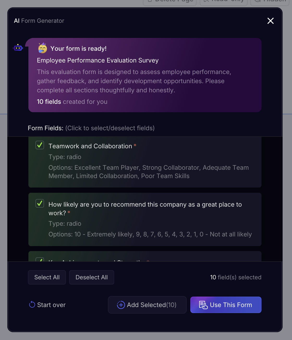 ai suggests fields from user's prompts