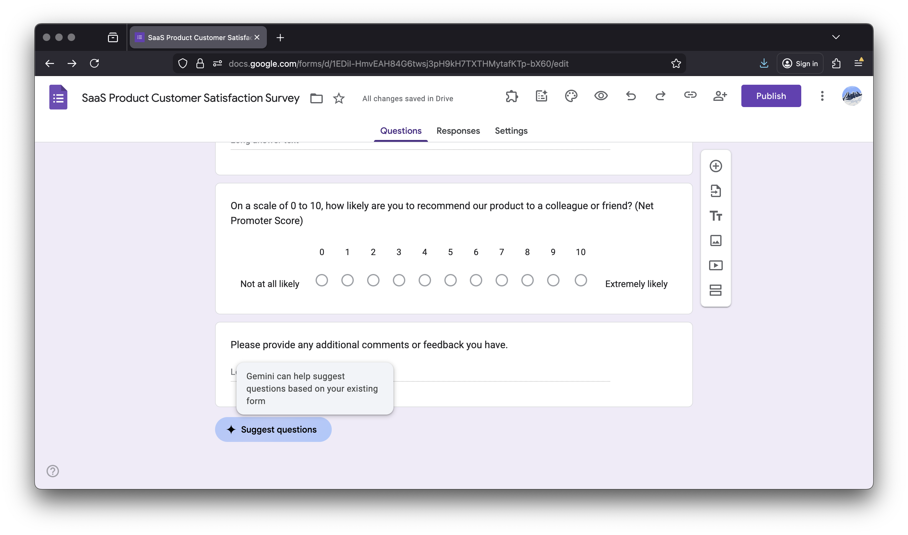 Ask Google Form AI to suggest questions