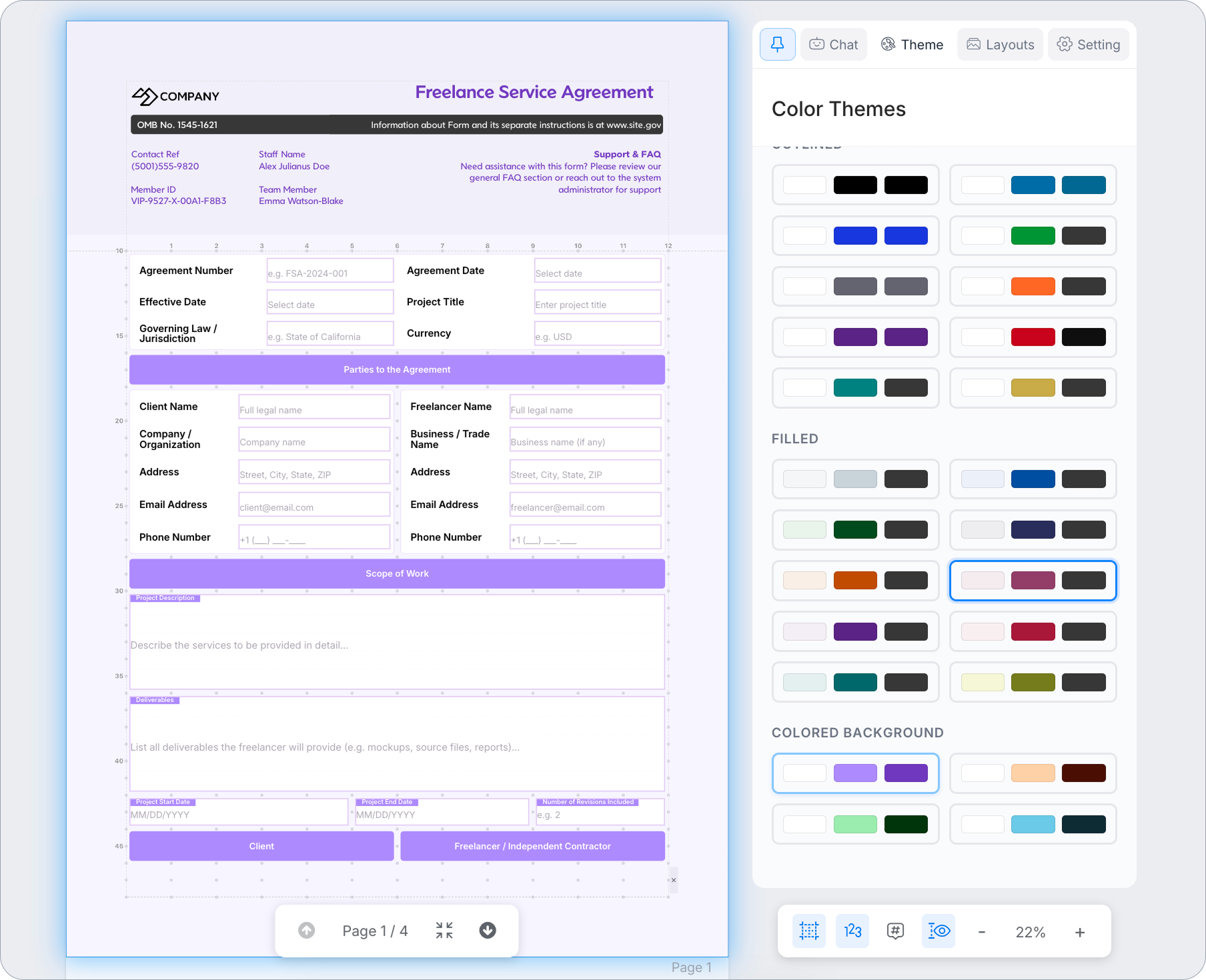 Créateur de Documents PDF de PlatoForms — changer les thèmes de couleur