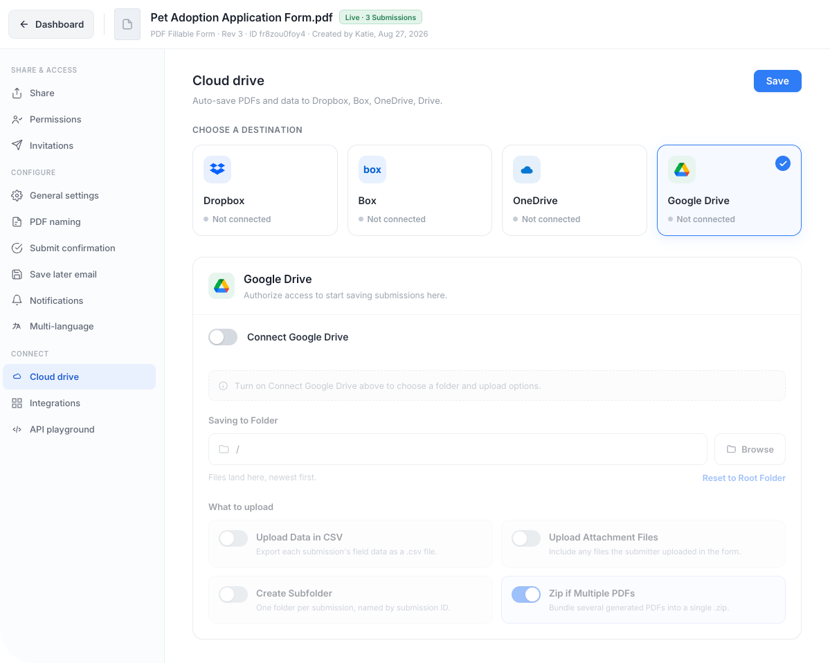 Choose a cloud folder for submitted PDFs