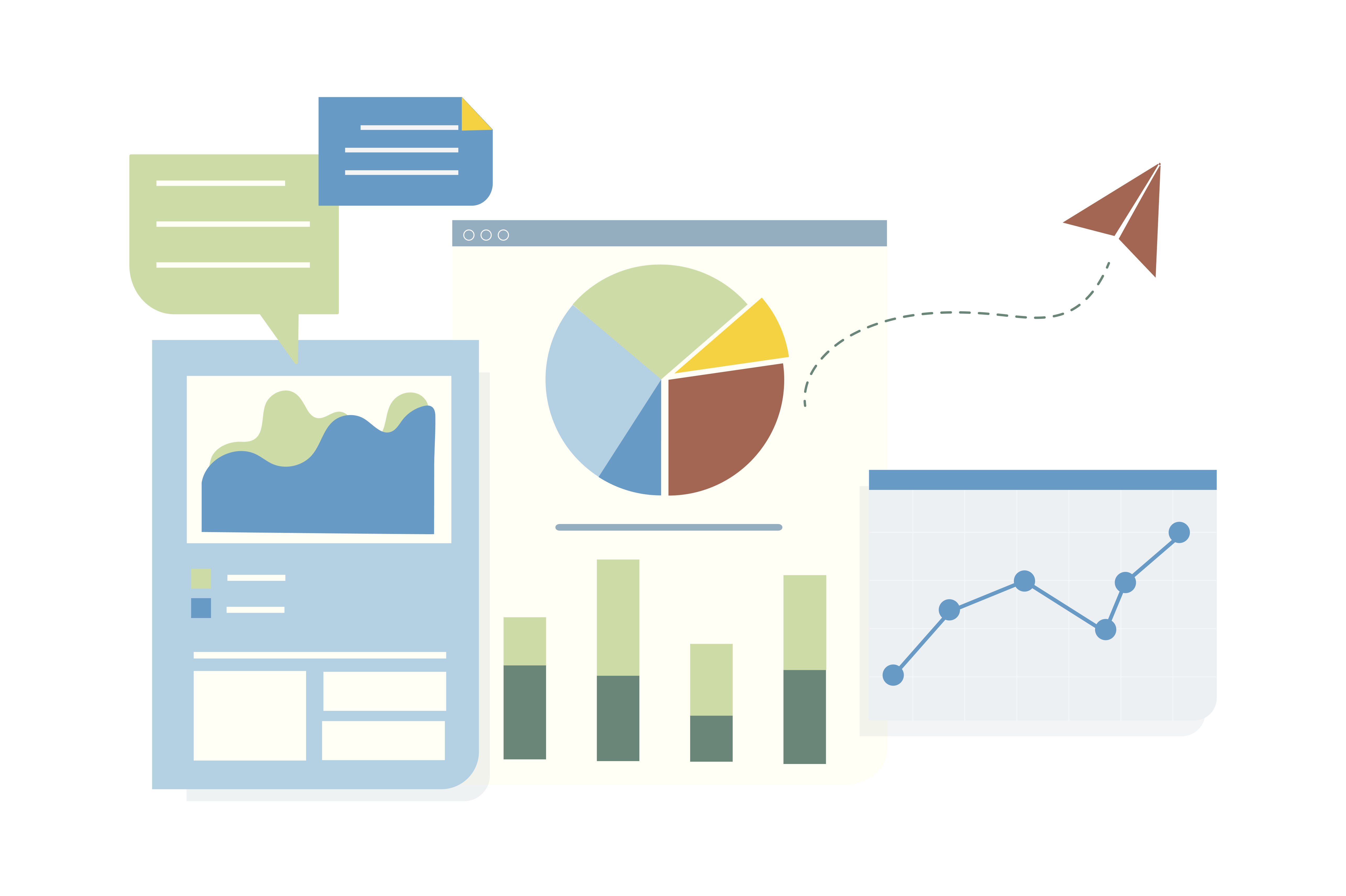 Flache Illustration eines Formulardokuments neben Datencharts, die die automatisierte Dokumentenerstellung aus Formulareinsendungen darstellen