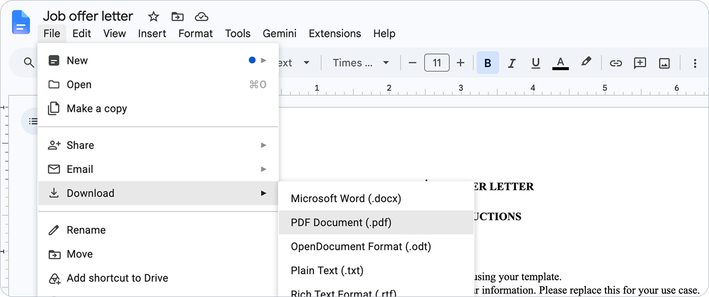 通过文件 > 下载 > PDF 文档下载 Google Docs 文件为 PDF