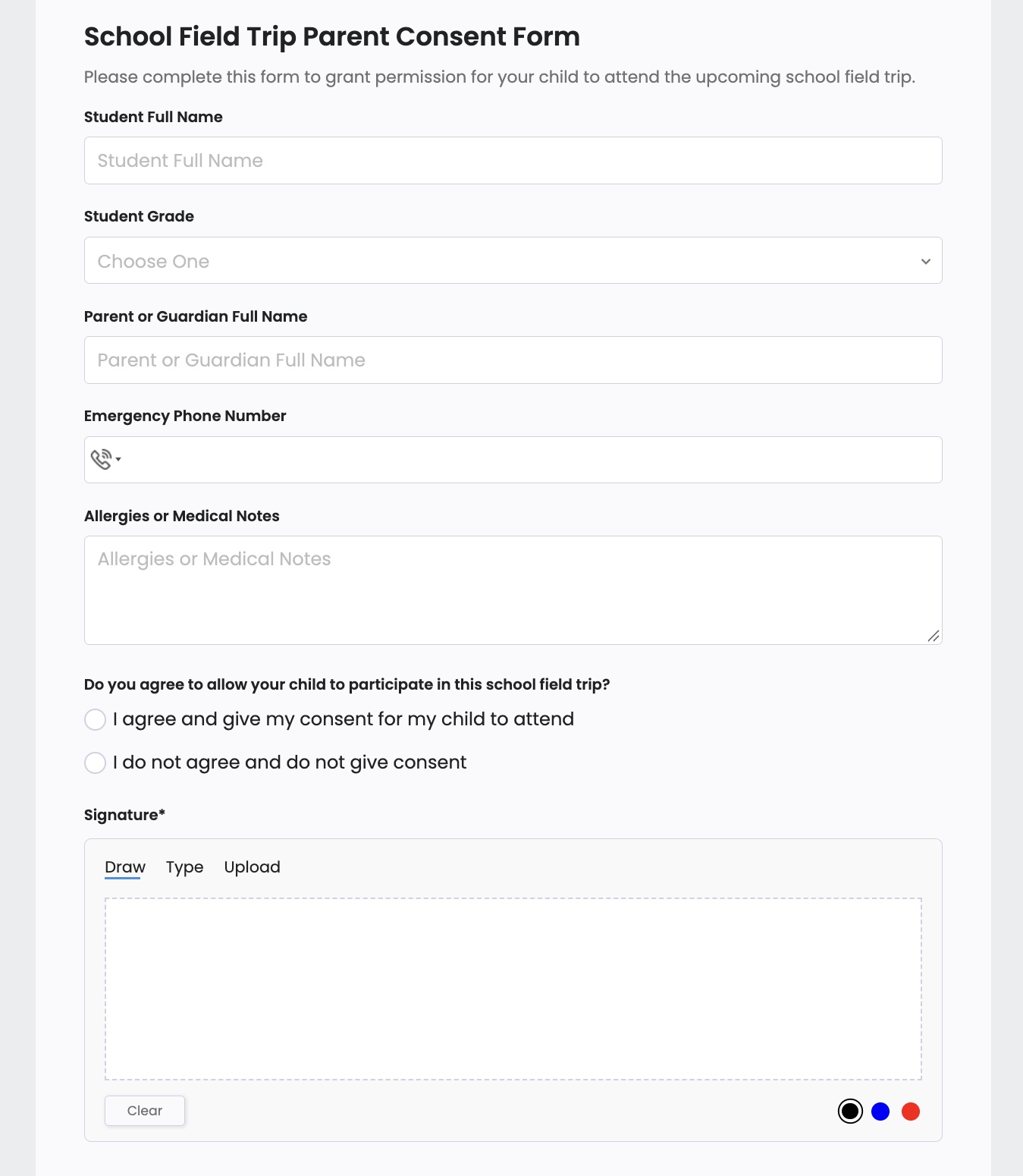 Un formulario de consentimiento de Google Forms después de importarlo en PlatoForms, con un campo de Firma bajo la pregunta de consentimiento