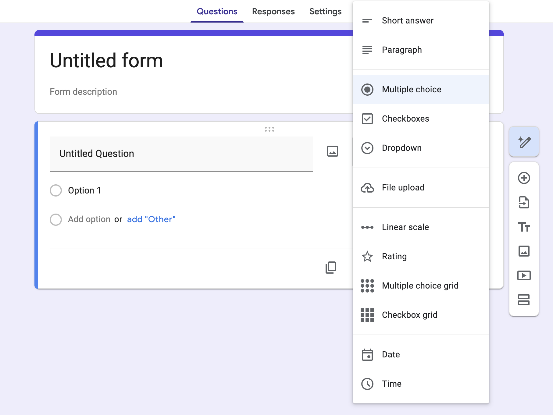 El menú de tipos de preguntas de Google Forms, desde Respuesta corta hasta Hora, sin opción de firma