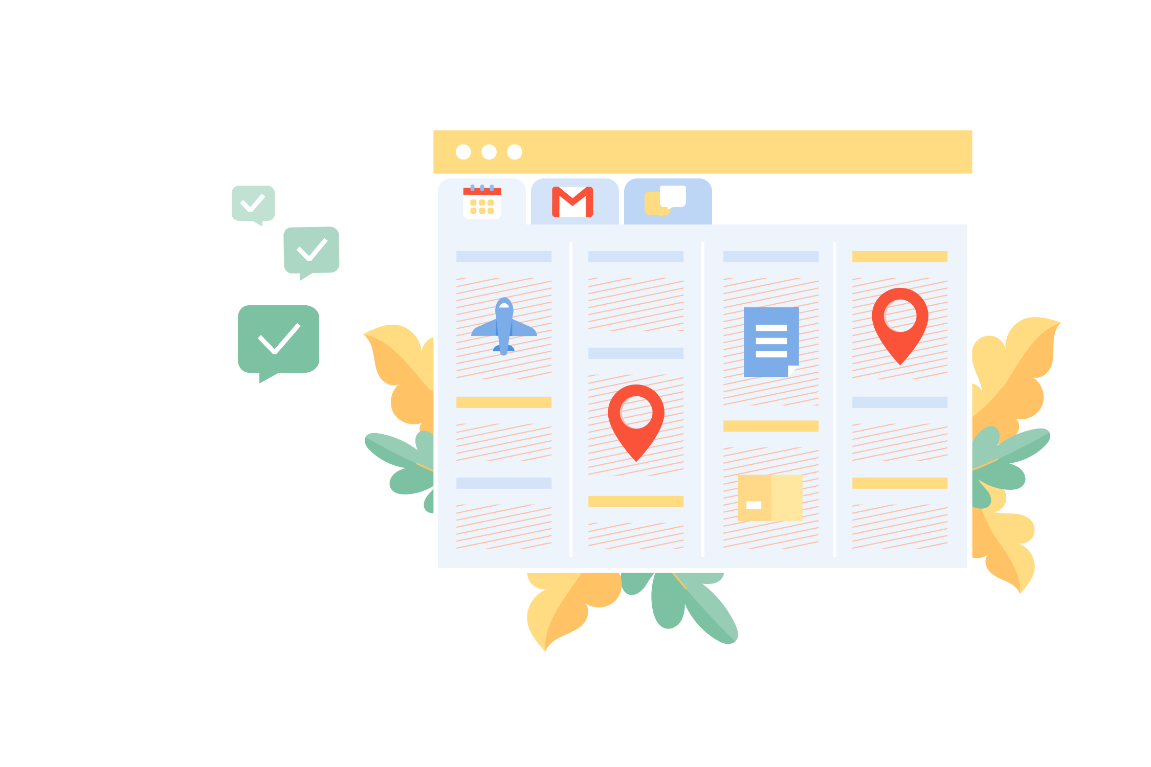 Illustration einer Google Workspace-ähnlichen Schnittstelle mit Kalender-, Gmail- und Kollaborationssymbolen, die Szenarien darstellen, in denen Google Forms weiterhin gut geeignet ist