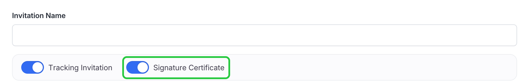 El interruptor de Certificado de Firma en la configuración de invitación