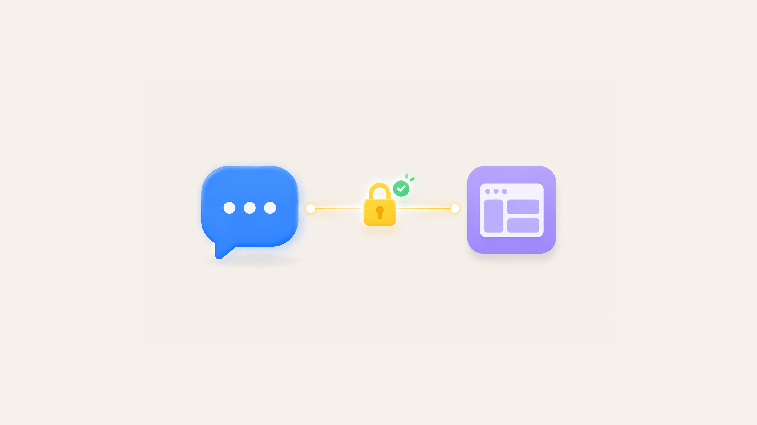 A padlock overlaid on a glowing connector line between an AI chat bubble and a software icon, representing the permission and security layer in an MCP connection
