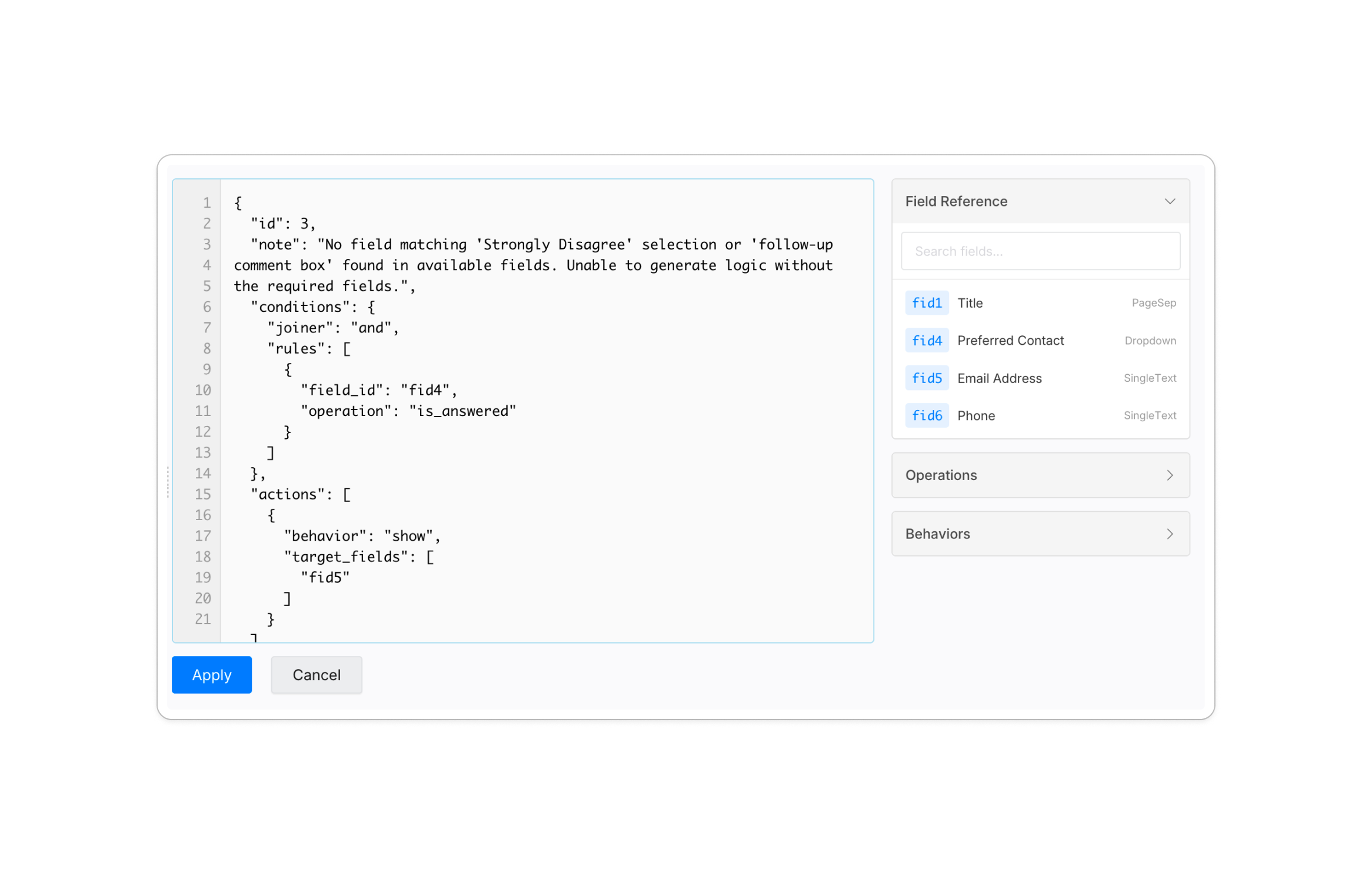 JSON-Editor für PlatoForms bedingte Logik
