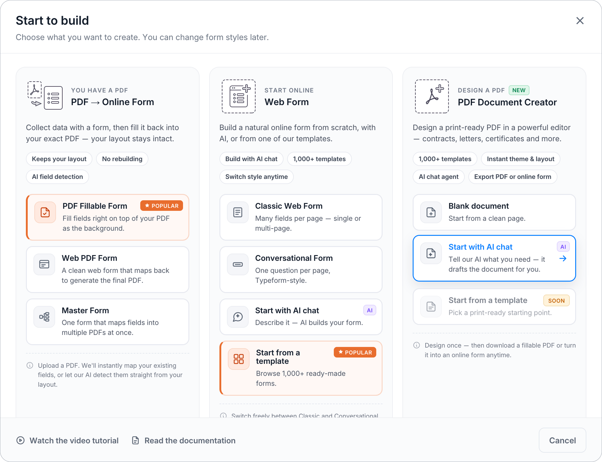 Générateur de documents AI de PlatoForms créant un document PDF à partir d'une demande textuelle