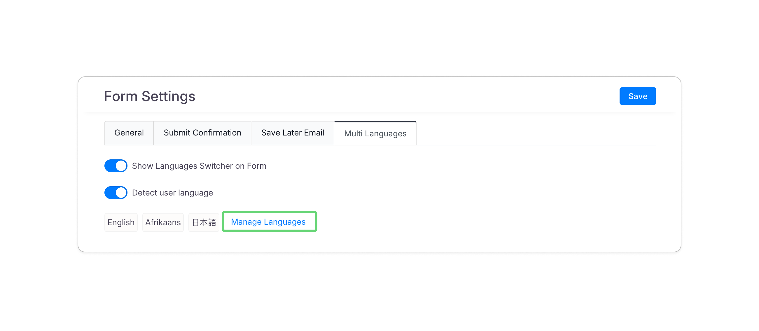 Navigating to Manage Languages settings within the PlatoForms Form Settings menu