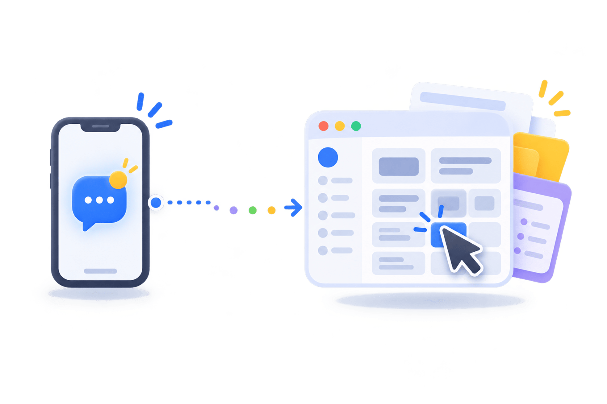 Illustration showing a chat message on a phone connecting via a dotted arrow to a web form dashboard, representing an AI assistant taking action on forms through conversation