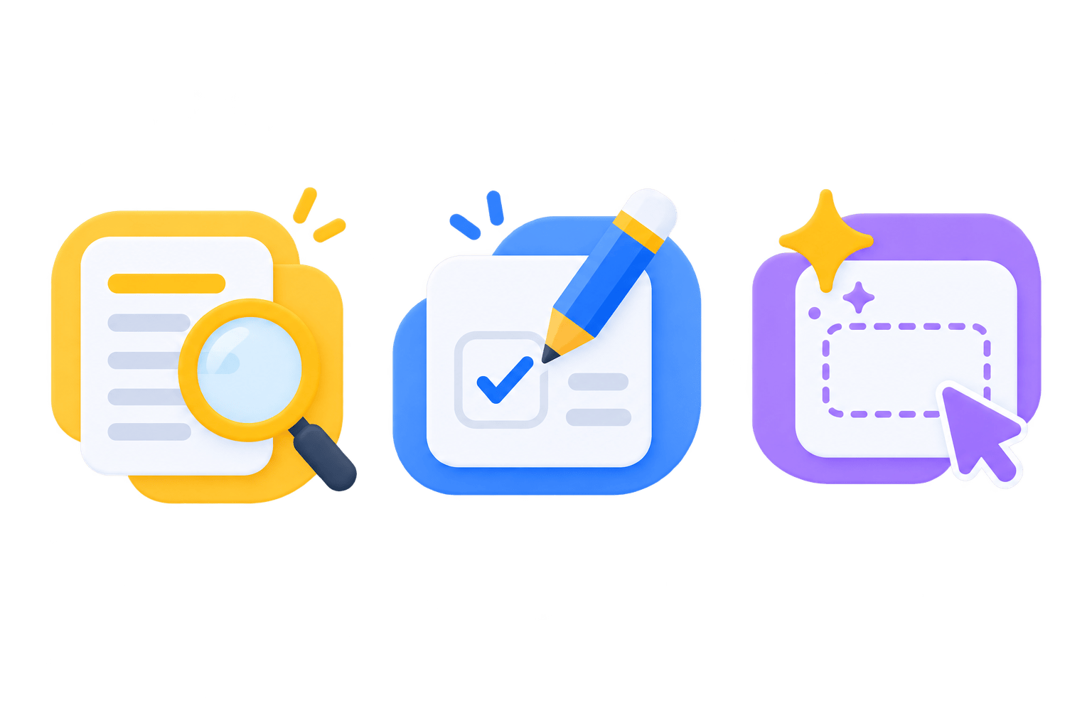 Three rounded panels showing a magnifying glass, a pencil with a checkmark, and a sparkle above a blank form, representing the read, write, and create actions an AI assistant can take through MCP