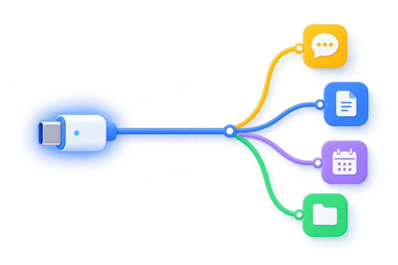 A single glowing connector branching into four lines, each linking to a different app icon, representing how MCP connects one AI assistant to many tools