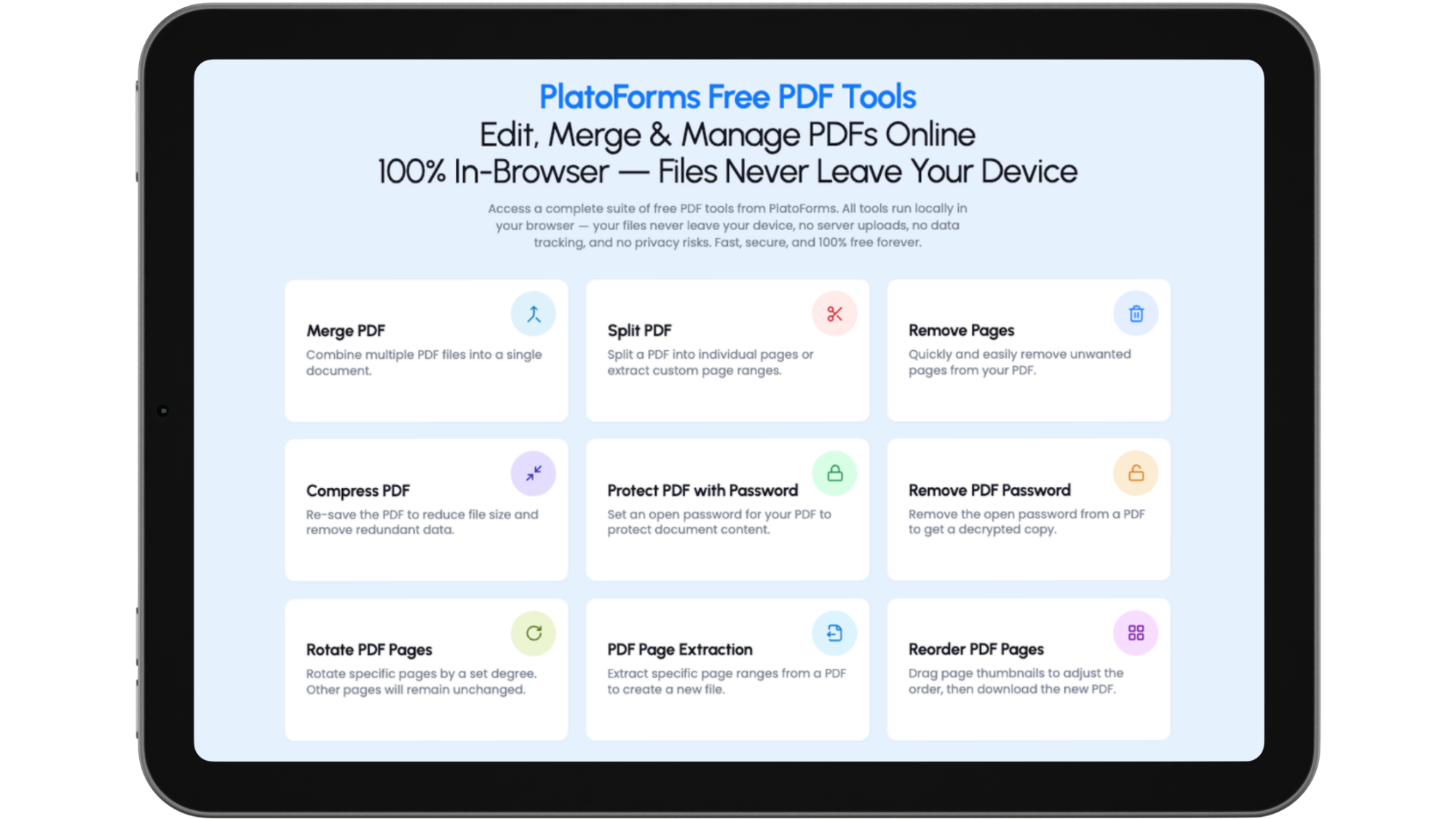 Merge PDF, Split PDF, Remove Pages, Compress PDF, Protect PDF with Password, Remove PDF Password, Rotate PDF Pages, PDF Page Extraction, Reorder PDF Pages