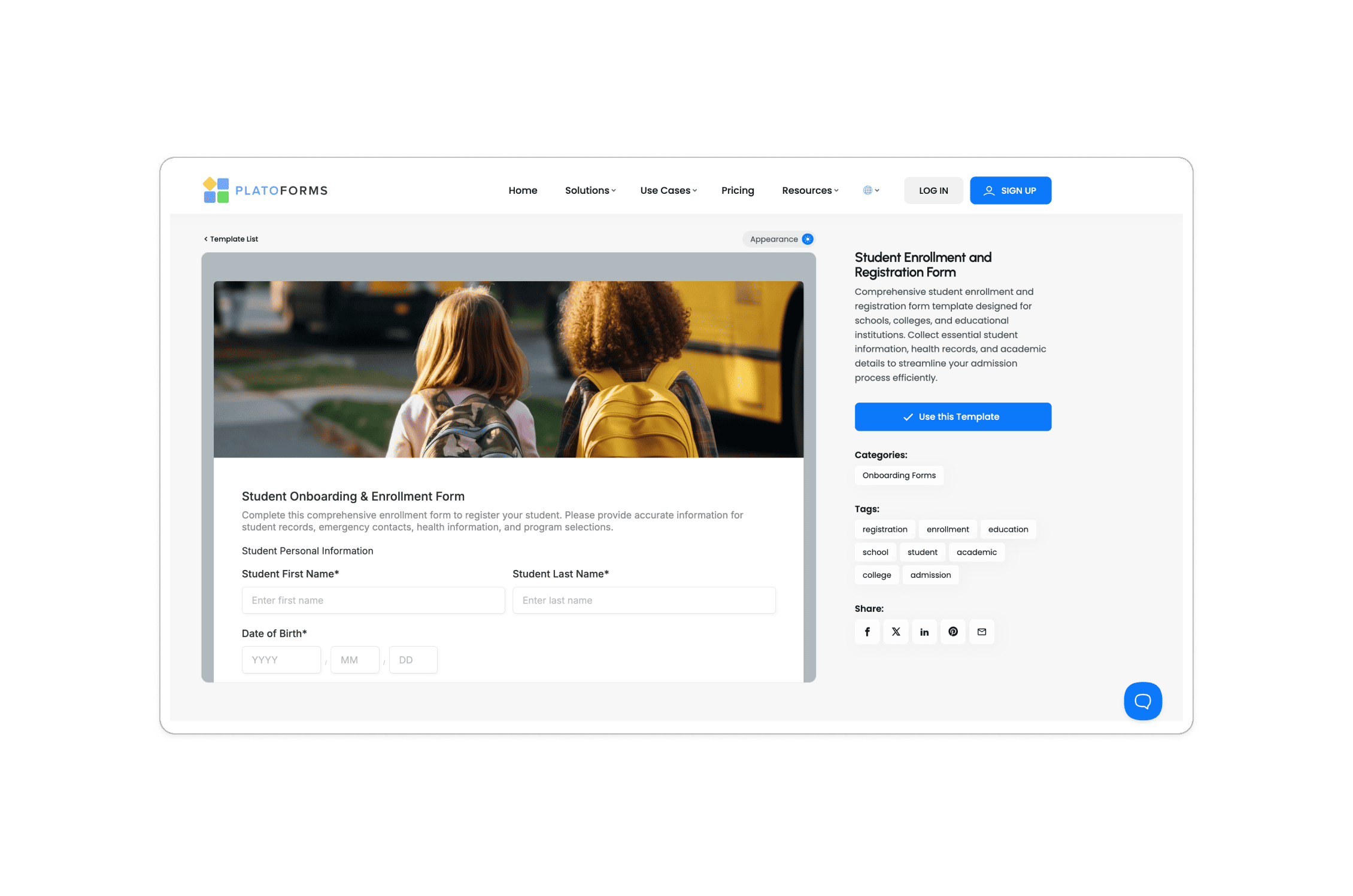 PlatoForms 学生报名和注册表模板