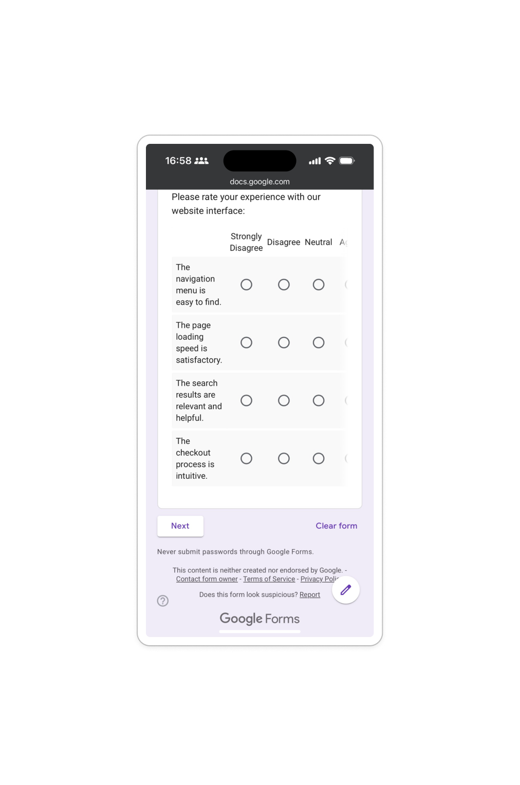 Vorschau Multiple-Choice-Raster in Google Forms