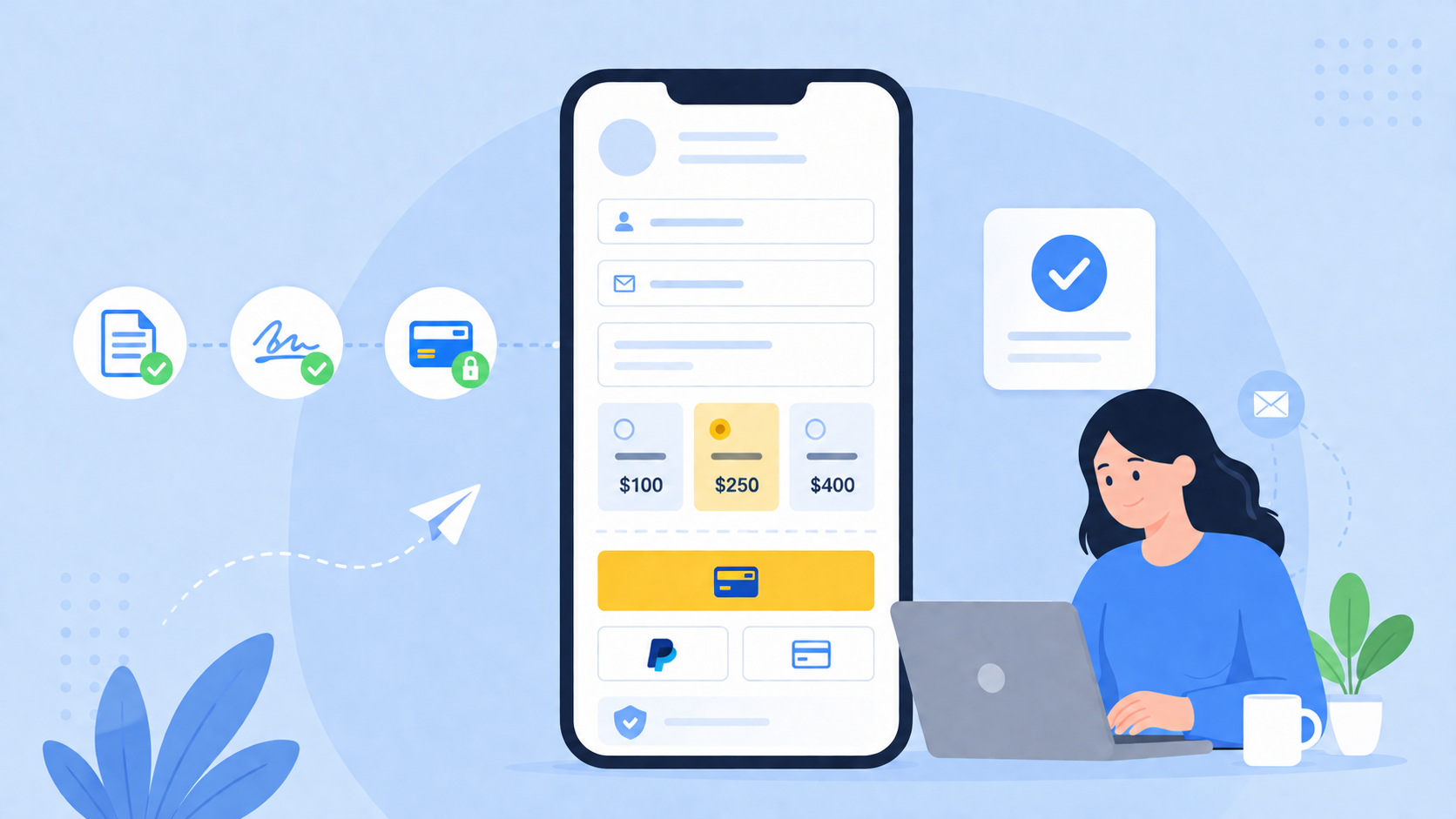 A freelancer accepting PayPal payments online through a PlatoForms payment form without a website