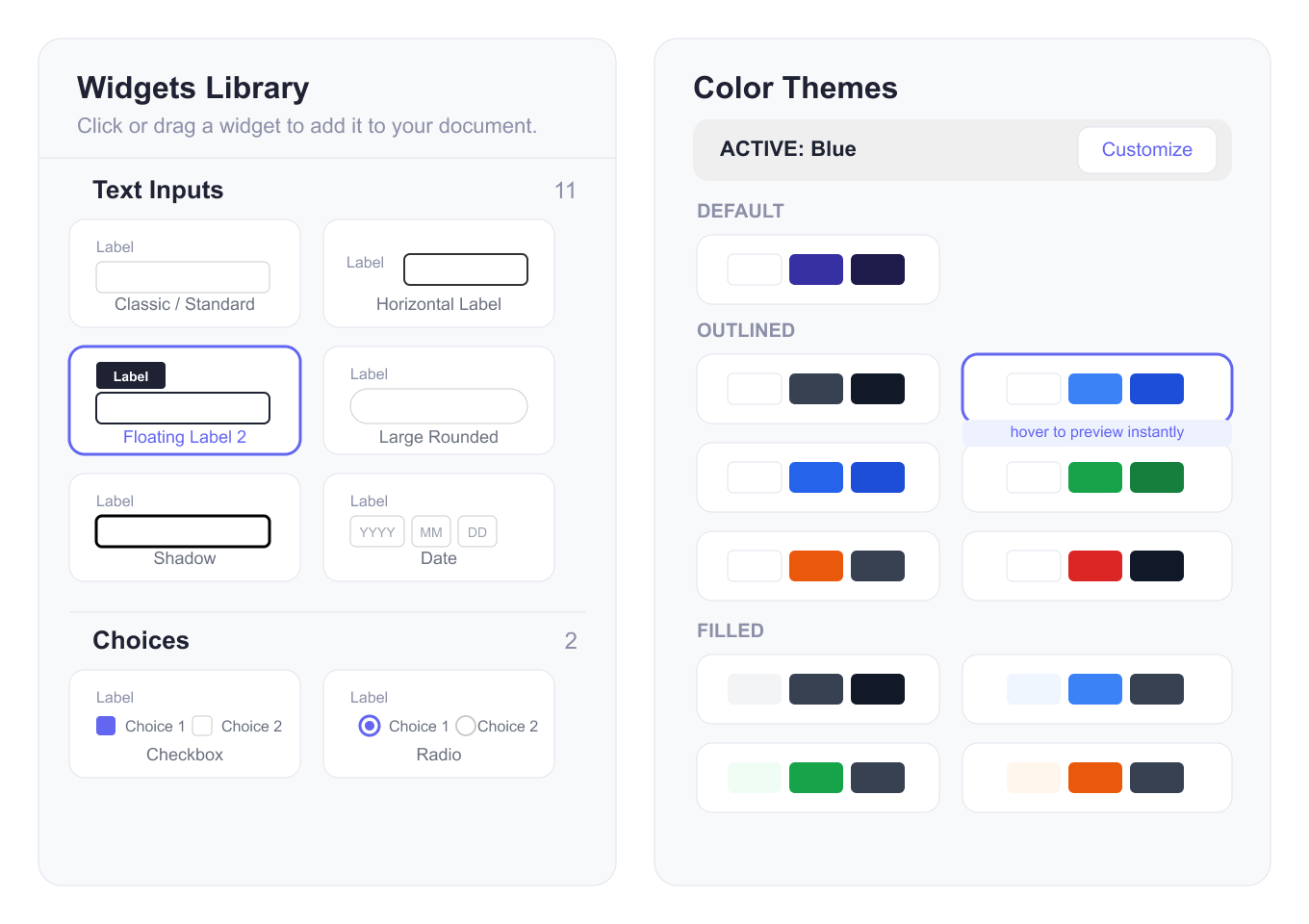 PDF Document Creator showing theme panel and pre-styled widget library with instant preview