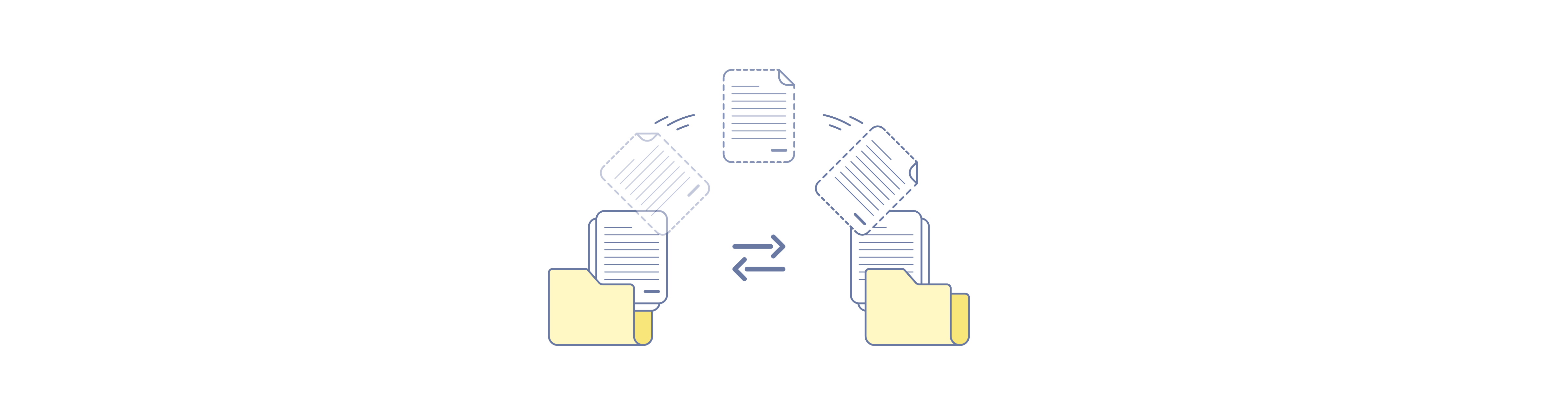 An illustration showing files transferring between folders and traveling through a process loop