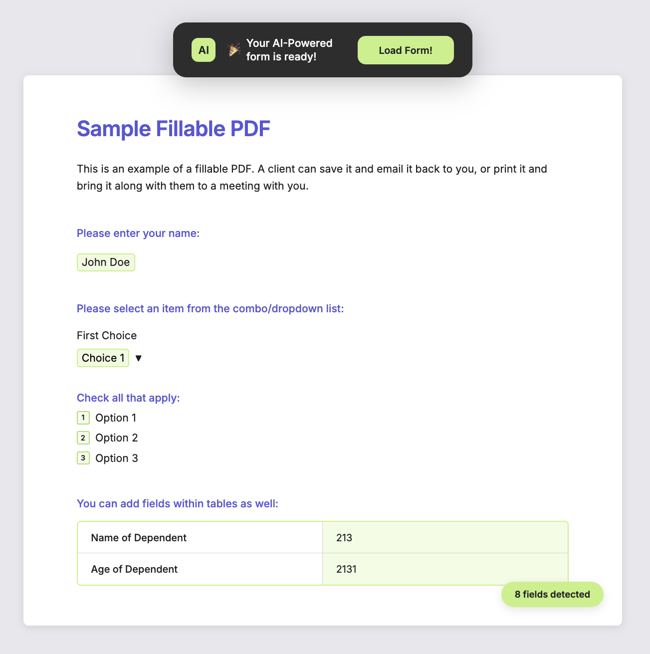 AI detects form fields and labels from PDF automatically