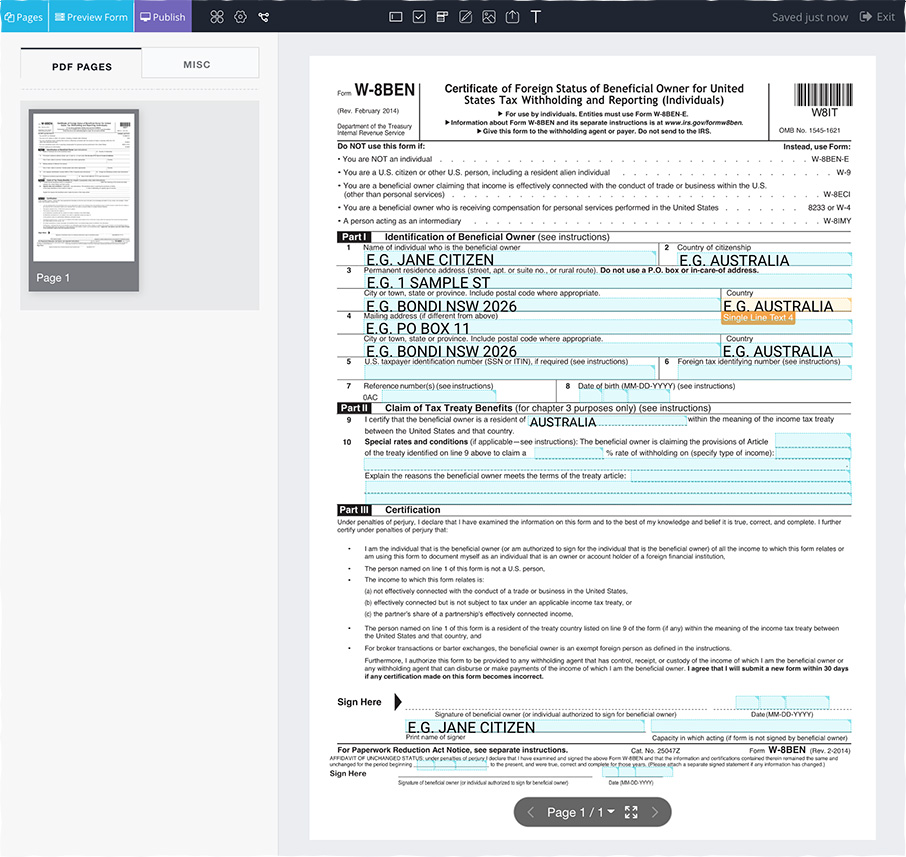 Filled out W-8 tax fillable PDF form