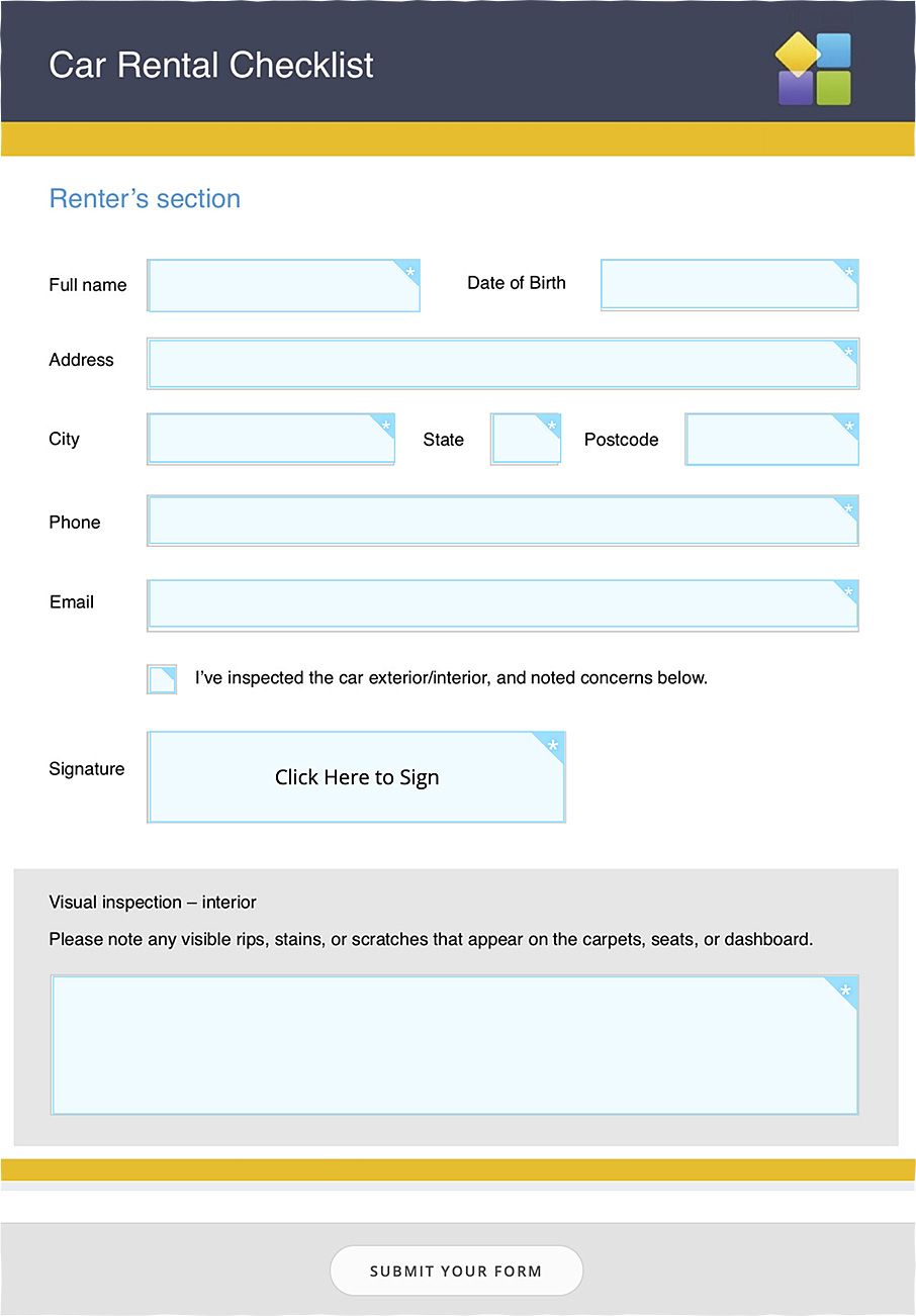 A not yet filled car rental online checklist PDF form
