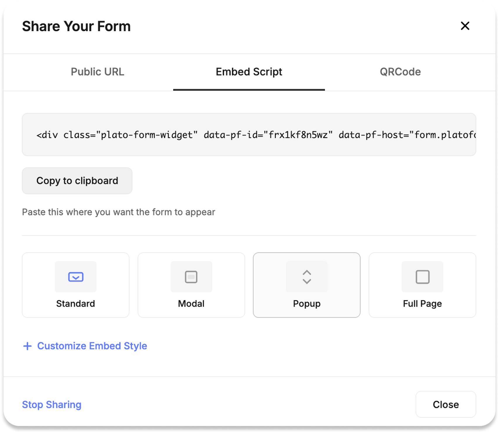 Share a PlatoForms web form using a link, embed script, or QR code