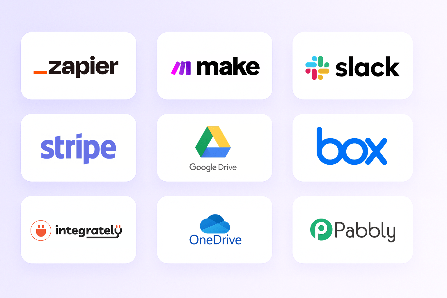 Integration grid showing Zapier, Make, Slack, Dropbox, Google Drive, Box, Integrately, OneDrive, and Pabbly