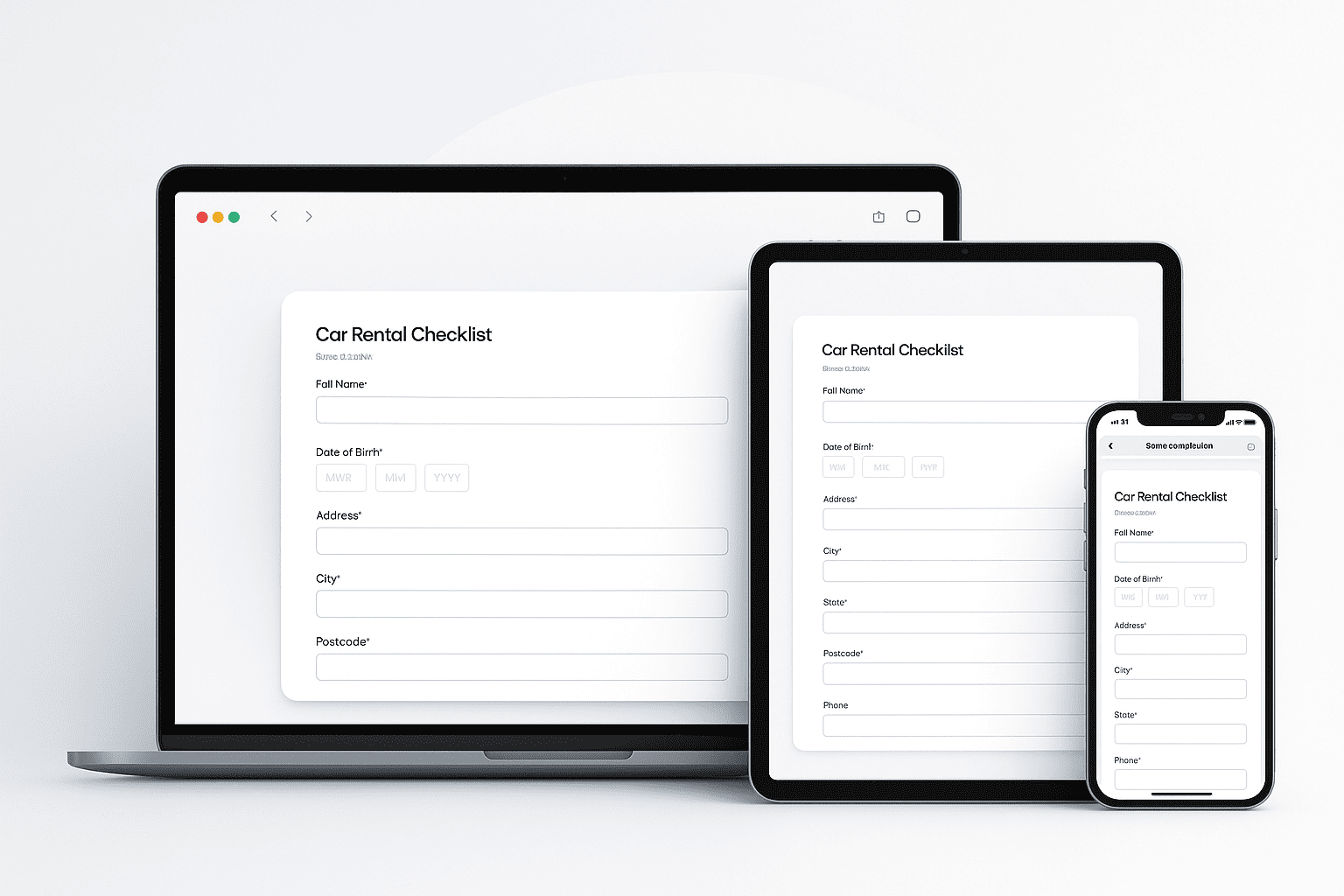 Responsive web form shown on laptop, tablet, and mobile screens