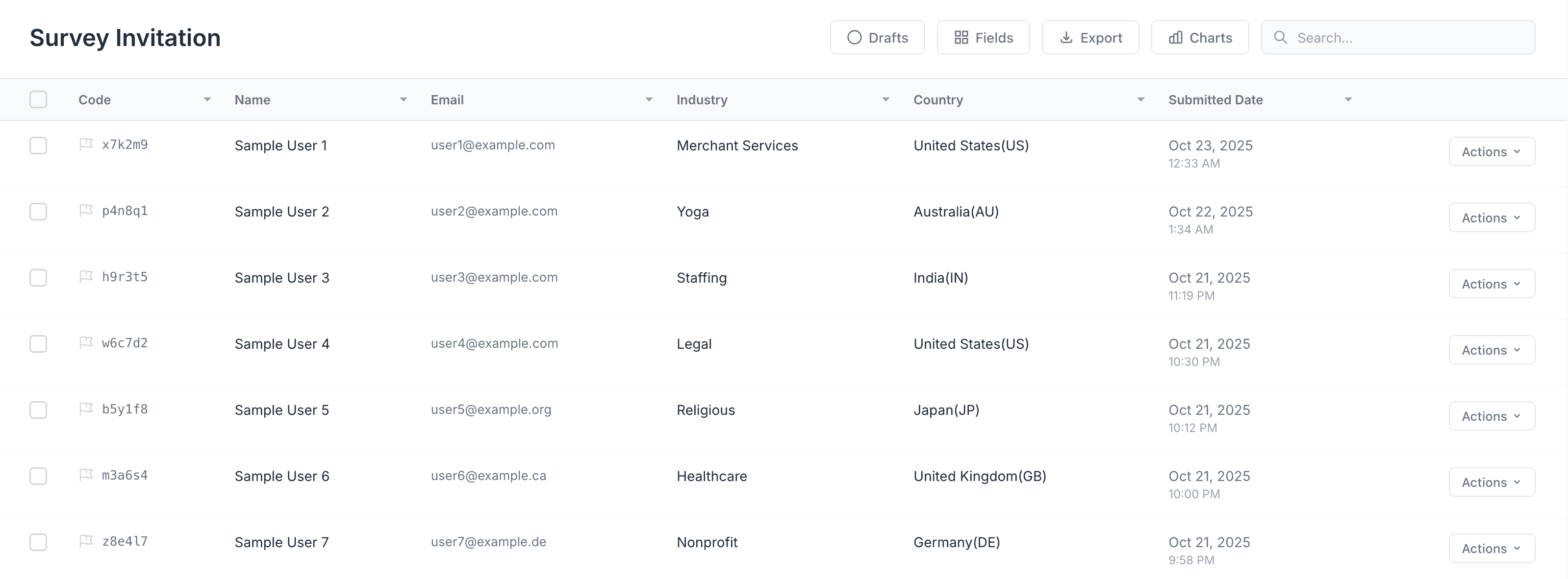 PlatoForms submission dashboard showing form thumbnails and a sortable submission list with date and export options